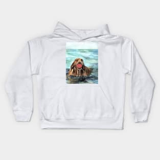 Dog with Ball in the Water Watercolor Art Kids Hoodie